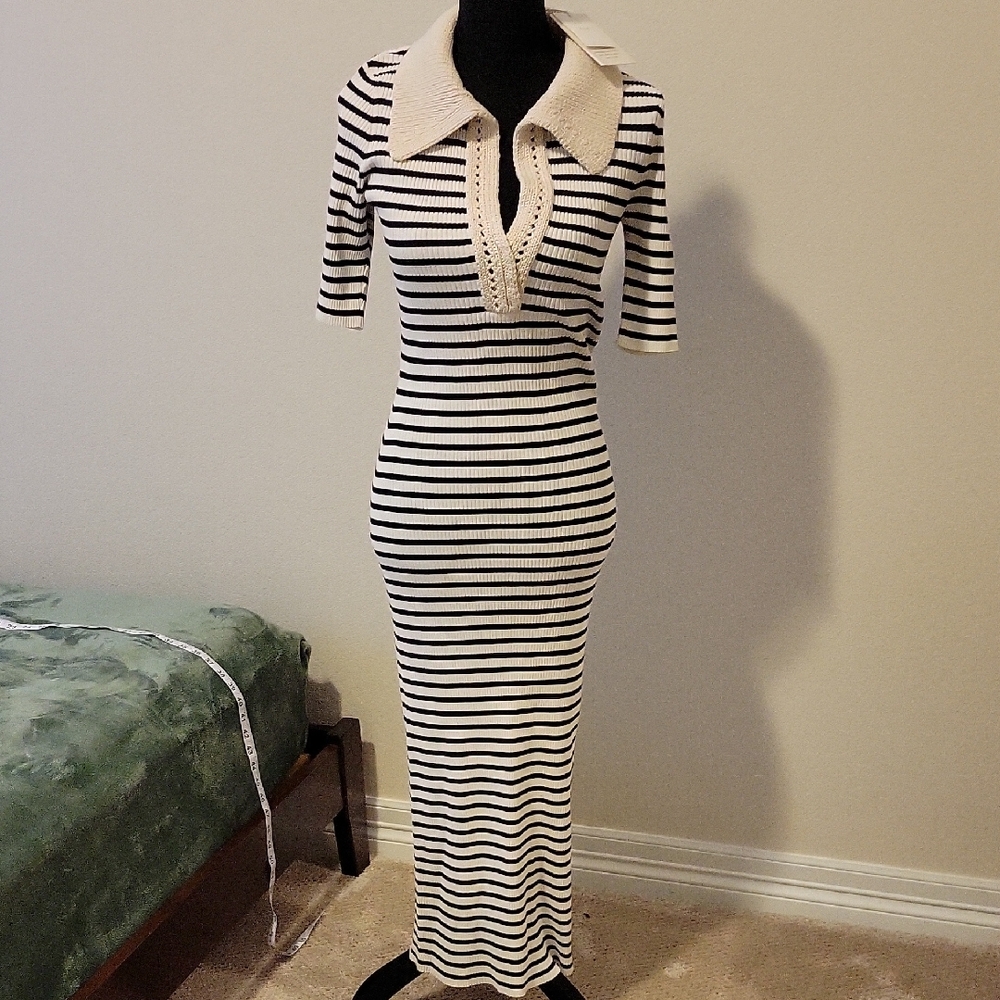 ALC Black and White Bodycon Dress with Notched Collar